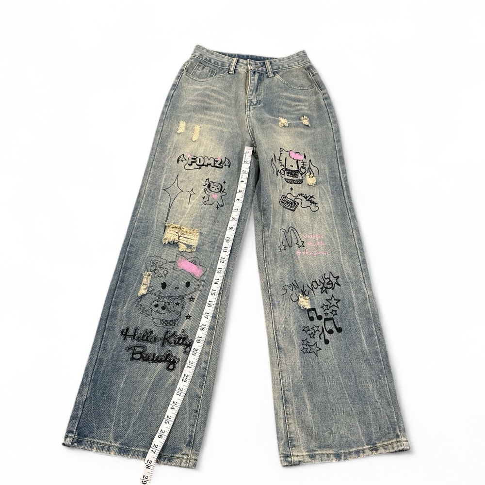 Hello Kitty Graphic Denim Wide Leg Gothic Jeans - Picture 4 of 9